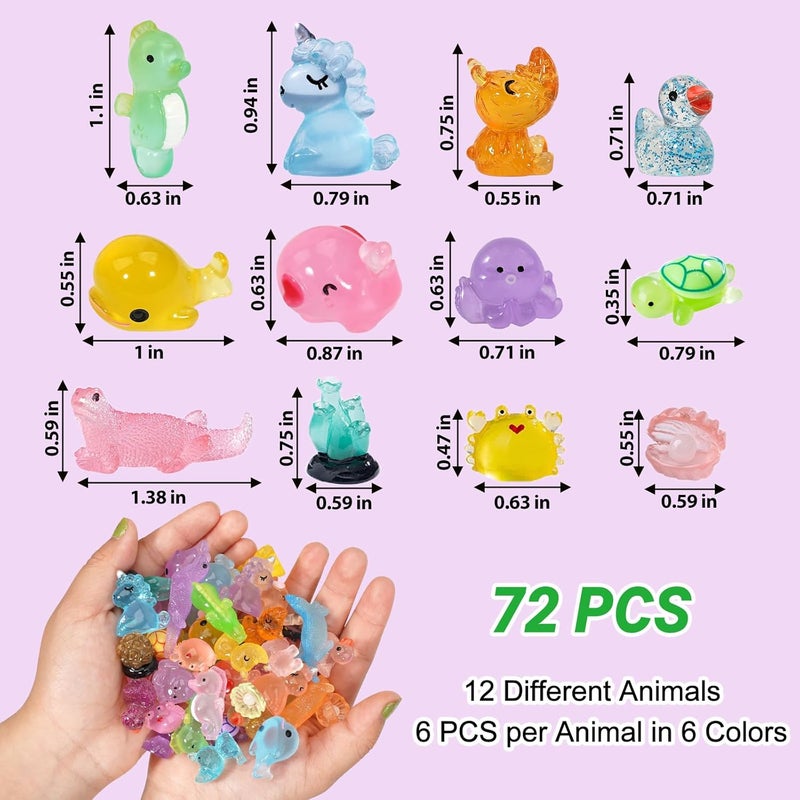 Lugailly Luminous Mini Resin Animals Figures to Hide, 72 PCS Small Animal Figurines Tiny Plastic Animals Bulk Glow in the Dark, Little Ducks Miniature Turtles Micro Unicorns for Fairy Garden Aquarium Decor - Image 3